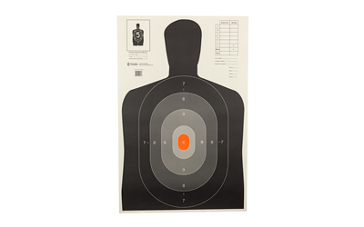 Action Target B-27E Pros Target, Shaded Scoring Rings Starting Outside And Going Dark To Light With A Bright Orange Center, Silhouette Cut Off Below Ring 7, 23"x35", 100 Per Box B-27EPROS-100