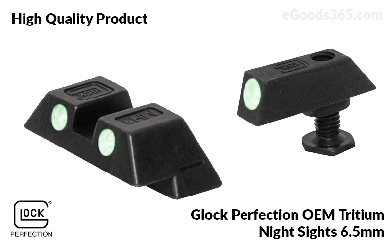 Glock OEM Night Sight Set 6.5mm, Fits Glock 9mm,  G17/19/22/23/26/27/33/34/35/37/38/39, Does Not Fit G42/43, Green Dot, Steel 39928