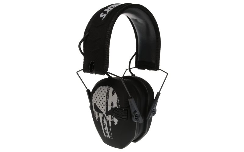 Walker's Razor, Freedom Slim Electronic Earmuff, Punisher Flag Logo, Two Hi-Gain Omnidirectional Microphones, Low Noise/Frequency Tuned for Natural Sound Clarity, Hi-Def Sound Output w/ Audio Input Jack GWP-RSEMFS-PUN