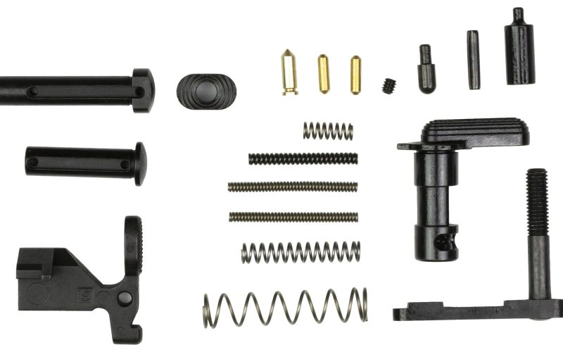 Aero Precision Lower Parts Kit, Includes Takedown/Pivot Spring, Takedown/Pivot Detent, Takedown Pin, Pivot Pin, Bolt Catch, Bolt Catch Spring, Bolt Catch Buffer, Bolt Catch Roll Pin, Safety Selector, Safety Selector Spring, Safety Selector Detent, 4-40 Set Screw, Buffer Retainer, Buffer Retainer Spring, Magazine Catch Body, Magazine Catch Spring, and Magazine Catch Button, Does Not Include the Fire Control Group, Pistol Grip or Trigger Guard APRH100385C