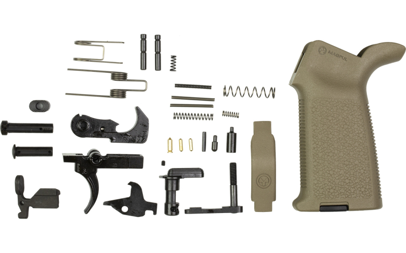 Aero Precision MOE Lower Parts Kit, For AR15, Includes Magpul MOE Grip AND MOE Trigger Guard in Flat Dark Earth, Takedown Pin, Pivot Pin, Takedown/Pivot Detent, Takedown/Pivot Spring, Bolt Catch, Bolt Catch Buffer, Bolt Catch Roll Pin, Bolt Catch Spring, Magazine Catch Body, Magazine Catch Button, Magazine Catch Spring, Buffer Retainer, Buffer Retainer Spring, Safety Selector, Safety Selector Spring, Safety Selector Detent, 4-40 Set Screw, Trigger, Hammer, Trigger Spring, Trigger/Hammer Pins, Hammer Spring, Disconnector, and Disconnector Spring APRH100965
