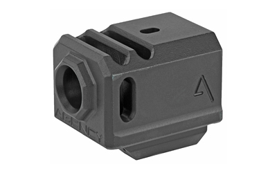 Agency Arms Gen3 Compensator, Features two chamber design-2 vertical ports and 2 side venting ports, Front sight hole, Two set screws with an Allen Wrench and a vial of Rockset are included in package, Compatible with the Glock 17/19/34, Standard 1/2 x 28 thread pitch, Black finish 417-3-BLK