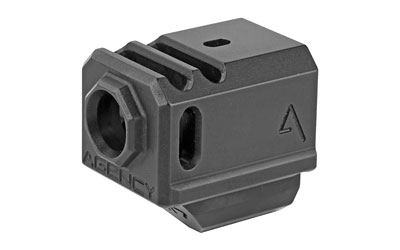 Agency Arms Gen4 Compensator, Features two chamber design-2 vertical ports and 2 side venting ports, Front sight hole, Two set screws with an Allen Wrench and a vial of Rockset are included in package, Compatible with the Glock 17/19/34, Standard 1/2 x 28 thread pitch, Black finish 417-4-BLK