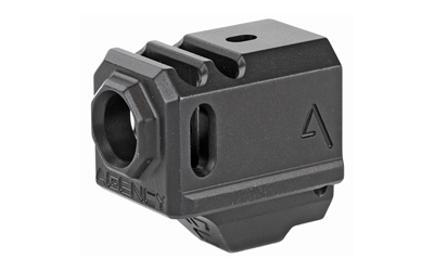 Agency Arms Glock 43 Compensator, Features two chamber design-2 vertical ports and 2 side venting ports, Front sight hole, Two set screws with an Allen Wrench and a vial of Rockset are included in package, Compatible with the Glock 43, Standard 1/2 x 28 thread pitch, Black Finish 417-G43-BLK