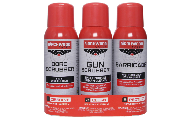 Birchwood Casey 1-2-3 Aerosol Value Pack, 10 oz 2-Bore Scrubber, 2-Gun Scrubber, 2-Barricade Aerosol Can BC-33309