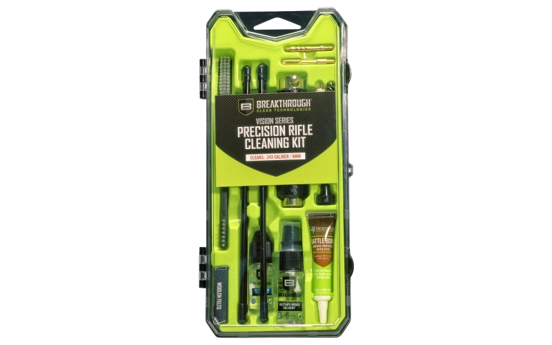Breakthrough Clean Technologies Vision Series, Cleaning Kit, For .243 Cal/6MM, Includes Cleaning Rod Sections, Hard Bristle Nylon Brushes, Jags, Patch Holders, Cotton Patches, Durable Aluminum Handle And Mini Bottles of Breakthrough Military-Grade Solvent And Battle Born High-Purity Oil BT-CCC-243R