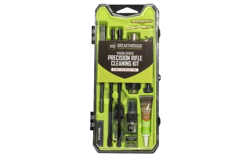 Breakthrough Clean Technologies Vision Series, Cleaning Kit, .270/ .284 Cal/ 7MM, Includes Cleaning Rod Sections, Hard Bristle Nylon Brushes, Jags, Patch Holders, Cotton Patches, Durable Aluminum Handle And Mini Bottles of Breakthrough Military-Grade Solvent And Battle Born High-Purity Oil BT-CCC-270R