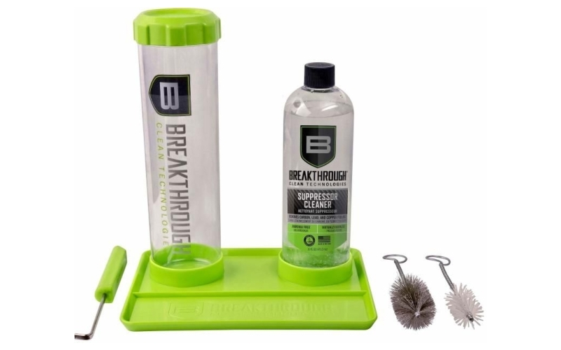 Breakthrough Clean Technologies Suppressor Cleaning Kit, Includes 16 OZ Bottle of Suppressor Cleaner, Suppressor Cleaning Submission Tube, Submission Hook, Metal and Nylon Cleaning Brushes, and Cleaning Tray BT-SCK