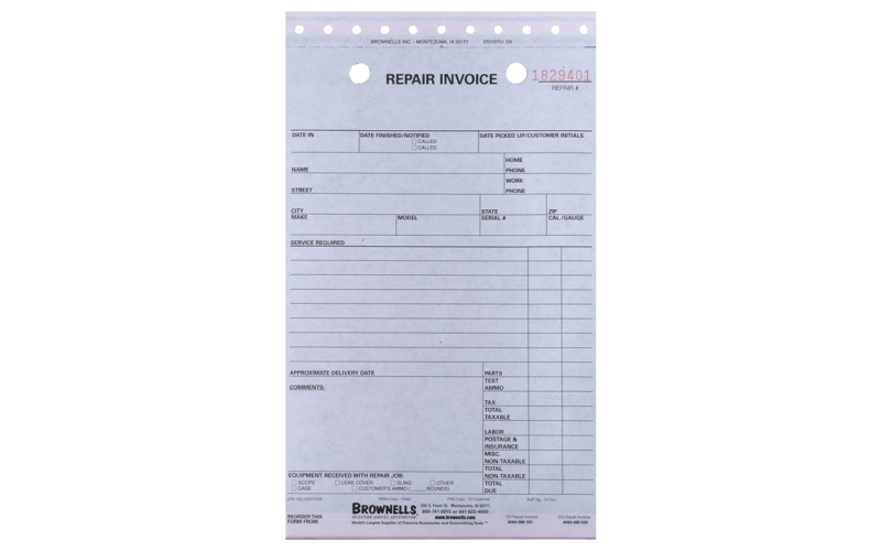 Brownells Repair record/invoice 3-part form 100 pack