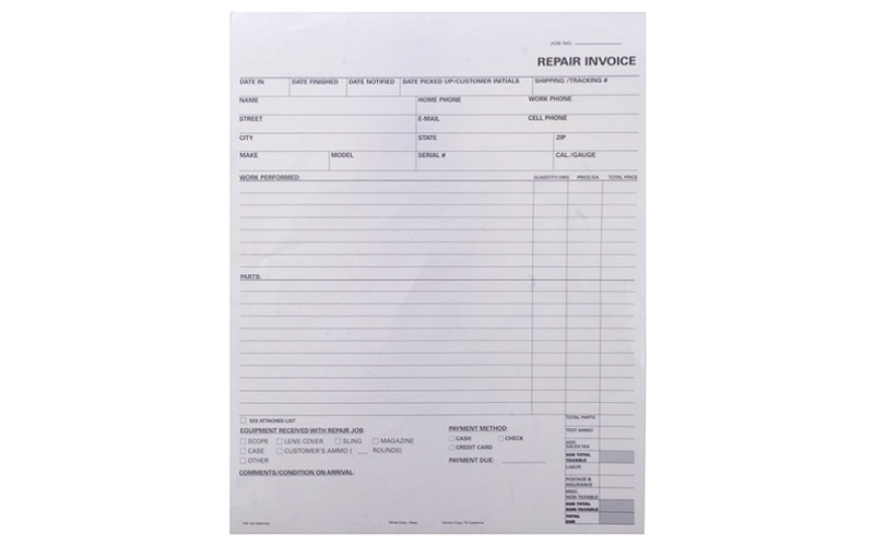 Brownells Repair invoice 2-part forms 100 pack