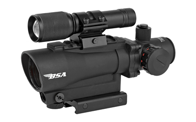 BSA Optics Tactical Weapon Rifle Scope, 1X30, Red Dot, Fully Multi Coated Optics, Fast Focus, 4" Eye Relief, Red Dot Reticle 650 nm 3R Red Laser and 140 Lumen Flashlight, Black TW30RDLL