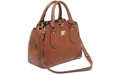 Bulldog Cases Satchel Style Purse, Leather, Universal Fit Holster Included, Chestnut w/Leopard Trim BDP-024