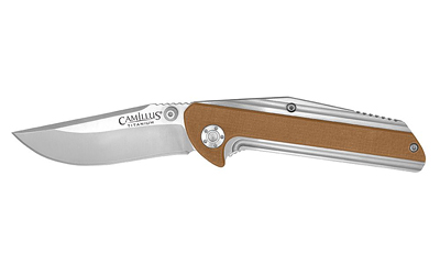 Camillus SEVENS, Folding Knife, Plain Edge, Brown and Silver G10/Stainless Steel Handle, Satin Finish, Silver Blade, 2.75" Blade Length, 7" Overall Length, AUS-8 Blade Steel, Liner Lock CAM-19196