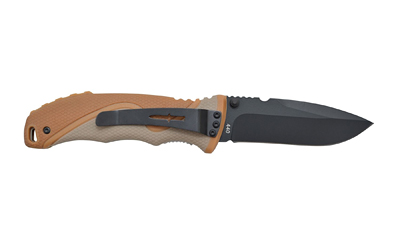 Camillus Inflame, Folding Knife, Plain Edge, Brown and Tan ABS Grip, Matte Finish, Black Blade, 3.25" Blade, 7.5" Overall Length, 440C Stainless Steel, Liner Lock CAM-19473