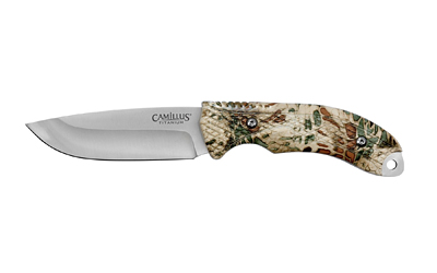 Camillus Mask, Fixed Blade Knife, Plain Edge, Camo Rubber Handle, Satin Finish, Silver, 4" Blade Length, 9" Overall Length, 420 Stainless Steel, Includes Nylon Sheath CAM-19832