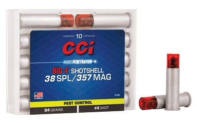 CCI Ammunition Shotshell, 357MAG/38 Special, 84 Grain, Shotshell, #4 Shot Size, 10 Round Box 3714CC