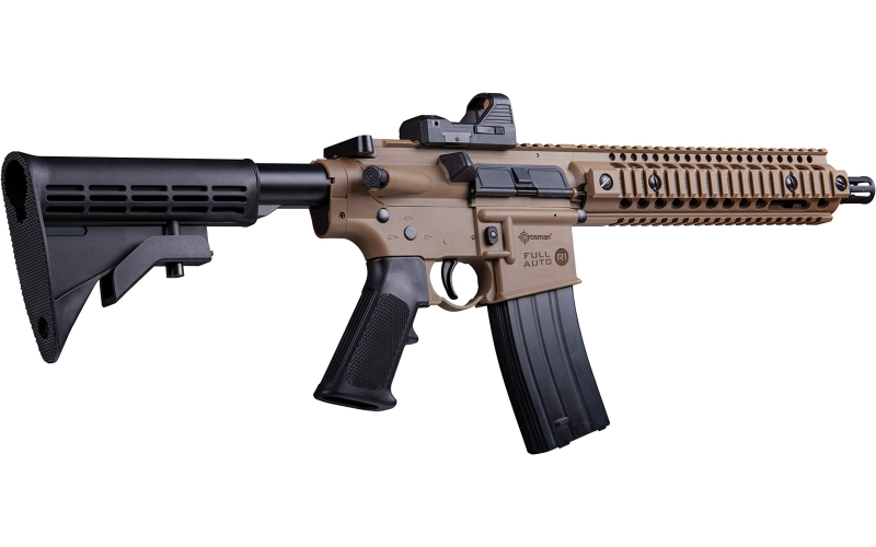 Crosman Full Auto R1 CO2 Rifle 430 Feet Per Second, 10.5" Barrel, Synthetic Stock, AR Compatible Buffer Tube and Pistol Grip, Blowback Action, Realistic Weight and Functions, 25Rd, Flat Dark Earth CFAR1X