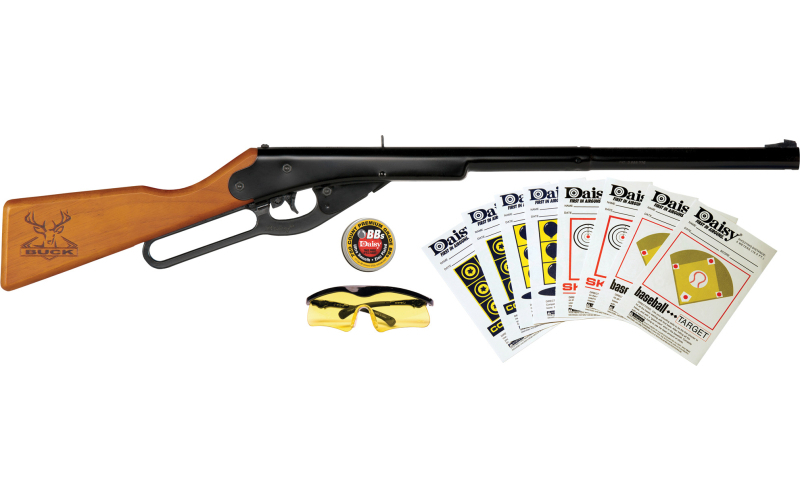Daisy Buck 105 Kit, Lever Action Air Rifle, .177 BB, 350FPS, Wood Stock, Matte Finish, Black, Includes Safety Glasses, Targets and Tin of 750 BB's 994105-403