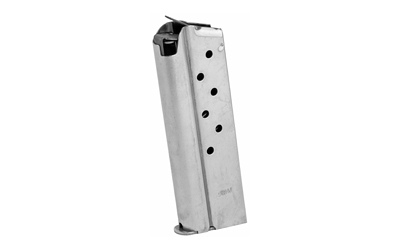 Ed Brown Magazine, 9MM, 8 Rounds, Fits 1911 Officer's Model, Includes 1 Thick and 1 Thin Base Pad, Stainless, Silver 849-OF