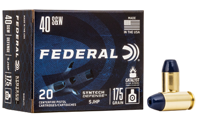 Federal Syntech Defense with Catalyst Clean Burning Primer, 40 S&W, 175 Grain, Semi Jacketed Hollow Point, 20 Round Box S40SJT1