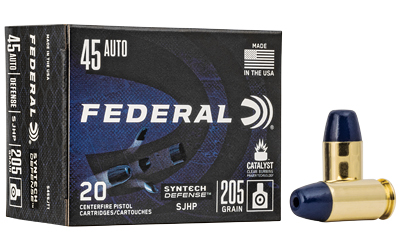 Federal Syntech Defense with Catalyst Clean Burning Primer, 45 ACP, 205 Grain, Semi Jacketed Hollow Point, 20 Round Box S45SJT1