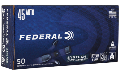 Federal Syntech Defense with Catalyst Clean Burning Primer, 45 ACP, 205 Grain, Semi Jacketed Hollow Point, 50 Round Box S45SJT2