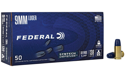 Federal Syntech Defense with Catalyst Clean Burning Primer, 9MM, 138 Grain, Semi Jacketed Hollow Point, 50, Round Box S9SJT2