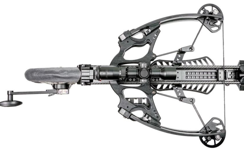 Axe crossbow with three bolts and optic