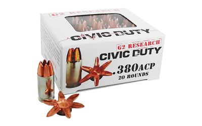 G2 Research Civic Duty, 380ACP, 64 Grain, Lead Free Copper, 20 Round Box, California Certified Nonlead Ammunition G00621