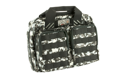 GPS Tactical Quad Pistol Range Bag, Gray Digital Camo, Soft, Holds Up To 6 Pistols Utilizing 2 Removable Padded Pouches, 8 Backside Magazine Storage Pouches, MOLLE Webbing for Adding Accessories, Twin Front Ammo Storage Pouches GPS-T1315PCGD