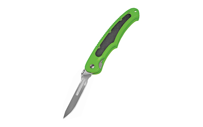 Havalon Piranta Bolt, Folding Knife, Liner Lock, 2.75" Stainless Steel Blade, Shock Green ABS Polymer Handle with Black Rubber Insert, OAL 7 3/8", Includes 12 Additional Blades and Nylon Holster XTC-60ABOLT-GX