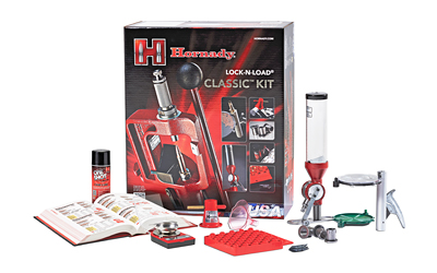 Hornady Lock-N-Load Classic Kit containing Lock-N-Load Classic Single-Stage Press, Lock-N-Load Powder Measure, Electronic Scale, Powder Trickler, Funnel, 10th Edition Hornady Handbook of Cartridge Reloading, Three Lock-N-Load Die Bushings, Primer Catcher, Positive Priming System, Hand-Held Priming Tool, Universal Reloading Block, Chamfering and Deburring Tool, Primer Turning Plate, and One Shot Case Lube 085003
