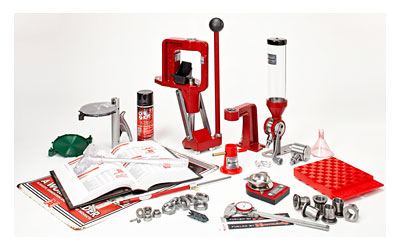 Hornady Lock-N-Load Deluxe Classic Reloading Kit containing Lock-N-Load Classic Single Stage Press, Lock-N-Load Powder Measure, Digital Scale, Hornady Handbook of Cartridge Reloading, Primer Catcher, Positive Priming System, Handheld Priming Tool, Universal Reloading Block, Chamfering and Deburring Tool, Powder Trickler and Funnel, One Shot Case Lube, Three Lock-N-Load Die Bushings, Sure-Loc Lock Ring 6 Pack, Powder Measure Stand, Shellholder Pack (#1, #2, #5, #16, & #35), Kinetic Bullet Puller, Lock-N-Load OAL Gauge Straight, Vintage Tin Sign, Pistol Rotor & Metering Assembly, and Steel Dial Caliper 085010