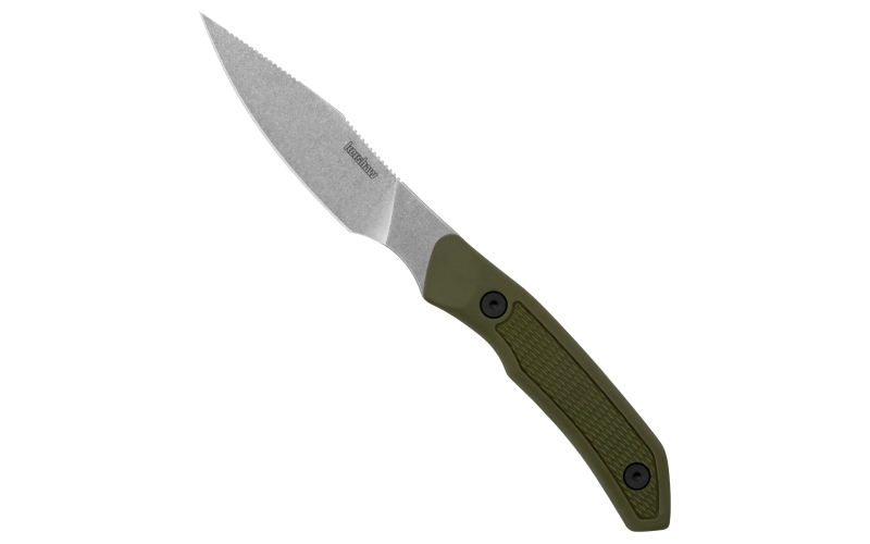 Kershaw Deschutes Caper, Fixed Blade Knife, 3.3" Clip Point Blade, Plain Edge, D2 Steel, Stonewash Finish, Silver, Olive Drab Green Handle, Includes Molded Sheath 1882