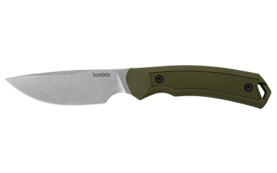 Kershaw Deschutes Skinner, Fixed Blade Knife, 3.9" Drop Point Blade, Plain Edge, D2 Steel, Stonewash Finish, Silver, Olive Drab Green Handle, Includes Molded Sheath 1883