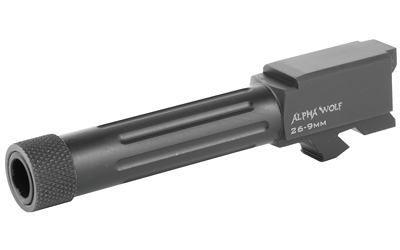 Lone Wolf Distributors AlphaWolf Barrel, 9MM, Salt Bath Nitride Coated, Threaded/Fluted, 416R Stainless Steel, 1/2x28 TPI, For Glk 26, Includes Thread Protector, Made in the USA AW-26TH