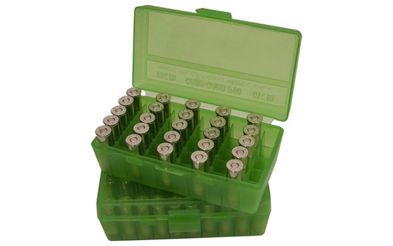 Mtm Case-Gard Flip top pistol ammo box 40s&w-45acp 50 round trnslsnt green