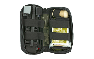 North American Rescue M-FAK Mini First Aid Kit, Contains: 1 C-A-T Tourniquet, 1 ETD 4" Flat, 1 Gauze S-Rolled, 1 HyFin Compact Chest Seal Twin Pack, 1 Pair Nitrile Gloves in Large, 500 Denier Nylon Bag, Black Finish 80-0494