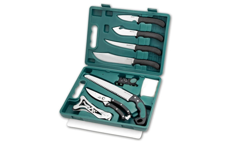 Outdoor Edge Gamepro-Complete Game Processing Kit, Plain Edge, 420J2 Stainless Steel, Black, Includes (1) Caping Knife, (1) Skinner Knife, (1) Boning Knife, (1) Butcher Knife, (1) Shears, (1) Bone Saw, (1) Ribcage Spreader, (1) Two Stage Sharpener, and Hard Plastic Case GP-11