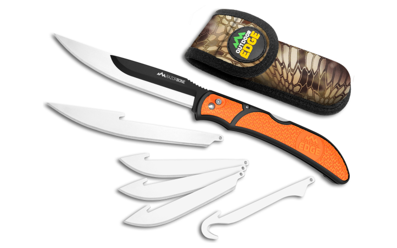 Outdoor Edge Razorwork, Folding Knife, Plain Edge, Black Oxide Finish, 420J2 Stainless Steel, Orange Handle, Includes (2) Boning/Filet Knives, (3) Drop-Point Blades, and (1) Gutting Blade RBB-20C