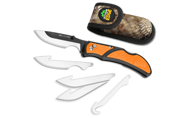 Outdoor Edge Razorcape, Folding Knife, Plain Edge, 3" Blades, Black Oxide Finish, 420J2 Stainless Steel, Orange Handle, Includes (2) Caping Blades, (2) Drop Point Blades, and (1) Gutting Blade RCB30-10C