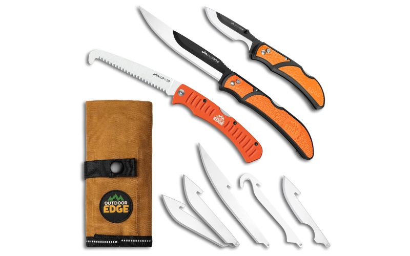 Outdoor Edge Razorguide Pak, Folding Knife Set, Black Oxide Finish, 420J2 Stainless Steel, Orange Handle, Includes (1) Razorbone with 5 Blades, (1) Razorcape with 2 Blades, and (1) Flip N Zip Saw RGP-1
