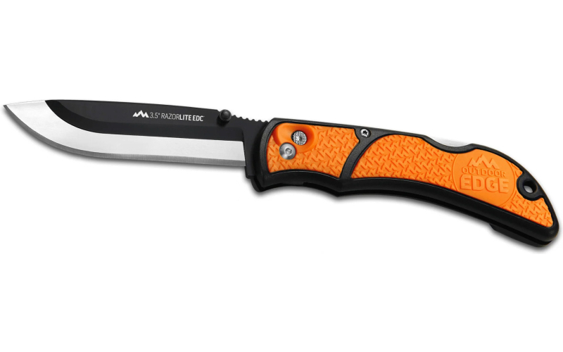 Outdoor Edge Razor EDC Lite, Folding Knife, Plain Edge, 3.5" Blades, 420J2 Stainless Steel, Orange and Black Handle, Includes (6) Drop Point Blades RLB-30C
