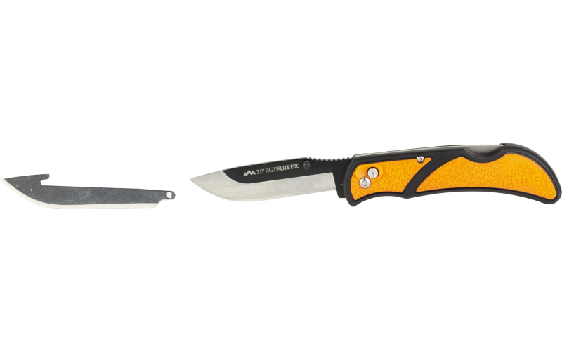 Outdoor Edge Razor EDC Lite, Folding Knife, Plain Edge, 3" Blades, 420J2 Stainless Steel, Orange and Black Handle, Includes (4) Drop Point Blades RLB30-30C