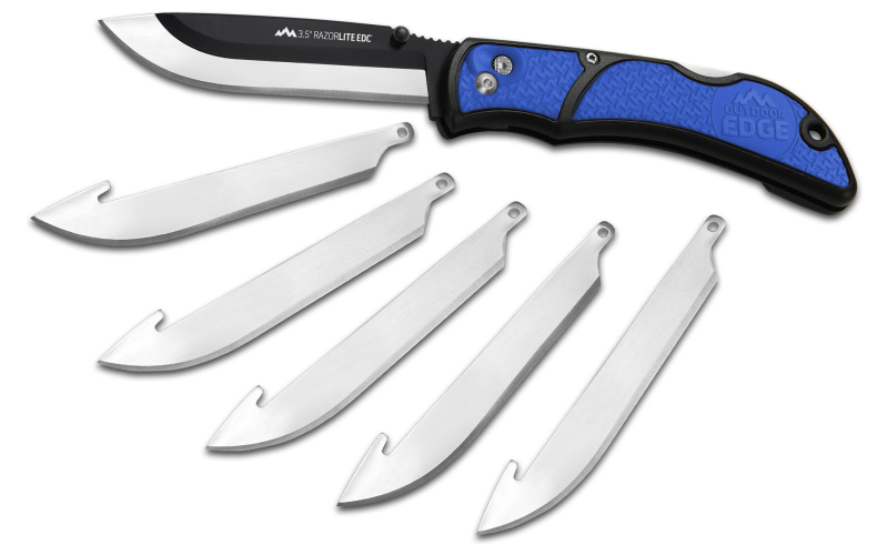 Outdoor Edge Razor EDC Lite, Folding Knife, Plain Edge, 3.5" Blades, 420J2 Stainless Steel, Blue and Black Handle, Includes (6) Drop Point Blades RLU-40C