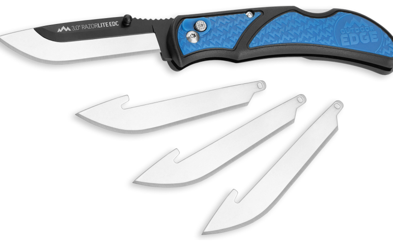 Outdoor Edge Razor EDC Lite, Folding Knife, Plain Edge, 3" Blades, 420J2 Stainless Steel, Blue and Black Handle, Includes (4) Drop Point Blades RLU30-40C