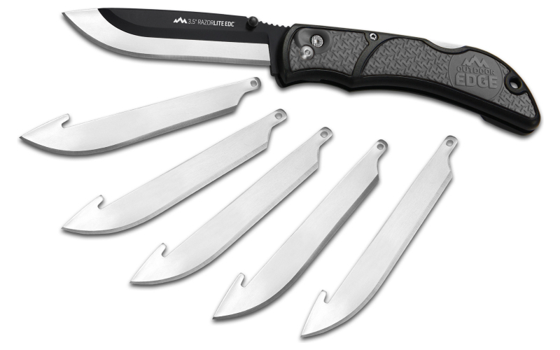 Outdoor Edge Razor EDC Lite, Folding Knife, Plain Edge, 3.5" Blades, 420J2 Stainless Steel, Gray and Black Handle, Includes (6) Drop Point Blades RLY-50C
