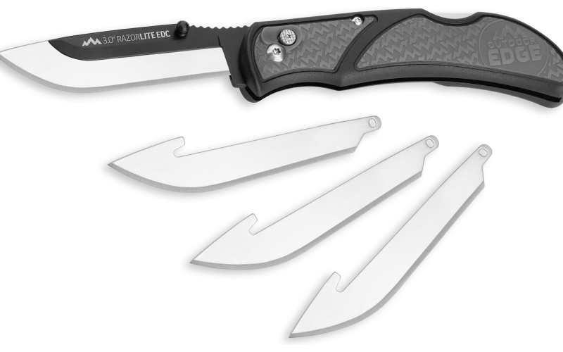 Outdoor Edge Razor EDC Lite, Folding Knife, Plain Edge, 3" Blades, 420J2 Stainless Steel, Gray and Black Handle, Includes (4) Drop Point Blades RLY30-50C