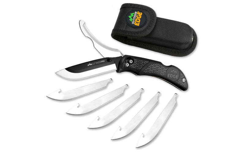 Outdoor Edge Razor Pro, Folding Knife, Plain Edge, 3.5" Blades , 420J2 Stainless Steel, Black Handle, Includes (6) Drop Point Blades and Gut Blade RO-10C