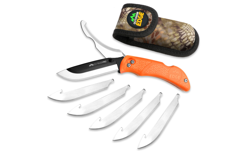Outdoor Edge RazorPro G Double Blade Hunting Knife, Folding Knife, Plain Edge, 3.5" Blades, 420J2 Stainless Steel, Orange Handle, Includes (6) Drop Point Blades and Gut Blade RO-20C
